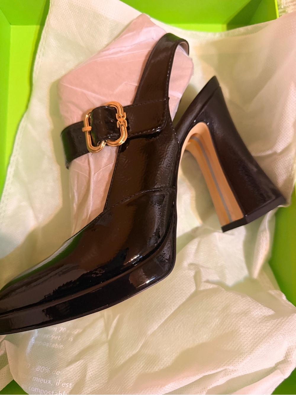 Sam Edelman Black Patent Leather Slingback Heel with Gold Buckle Accent